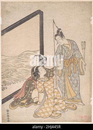 Parodie auf Minamoto no Tametomo 1765 Suzuki Harunobu Japanisch im Bilderkalender ist das zyklische Datum für 1765 verborgen. Japans System zyklischer Daten für die Namensgebung von Jahren kombiniert die zehn Himmelsstämme mit den zwölf Tieren des Tierkreises. Kinoto tori (der zweite der zehn Stämme und das Tierkreiszeichen des Hahns) erscheint auf der linken Seite des Nackenbands des Kriegers und 'Meiwa 2' (1765) ist auf der rechten Seite zu sehen. Die Zahlen für die dai- oder Long-Monate (2, 3, 5, 6, 8, 10) erscheinen innerhalb der freiliegenden Auskleidung seines Kimonos, während die Zahlen für die shō oder kurz Monate (1, 4, 7, 9, 11, 12) sind Stockfoto