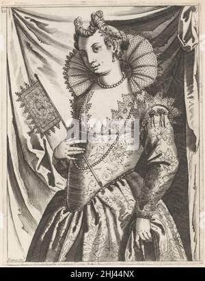 Habiti delle Donne Venetiane (Kleid der venezianischen Frauen) ca. 1591–1610 Giacomo Franco Italienisch Dieses Buch besteht aus zwanzig nummerierten Tafeln mit kunstvoll gekleideten Frauen, die von Giacomo Franco graviert wurden und von jeweils einer Beschreibung in lateinischer und italienischer Sprache begleitet werden. Das Werk dient als Kompendium der venezianischen Schönheiten, in dem Kurtisanen und respektable Frauen austauschbar dargestellt werden, eine Gegenüberstellung, die erklären könnte, warum Franco nie ein Druckprivileg für das Buch erhalten hat. Zwei Teller beschreiben Aspekte der venezianischen Hochzeitszeremonien. Auf der Tafel 7 zeigt Franco den Parentado oder die rituelle Präsentation o Stockfoto