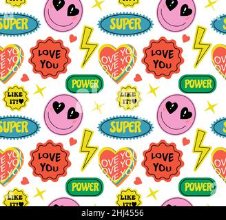Cooles, trendiges abstraktes Nahtloses Muster mit Aufklebern, Pins, Aufnäher und Abzeichen. Lustige Comic Emoji Shapes.vintage hippy Stil Element. vektor Stock Vektor