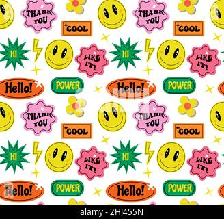 Cooles, trendiges abstraktes Nahtloses Muster mit Aufklebern, Pins, Aufnäher und Abzeichen. Lustige Comic Emoji Shapes.vintage hippy Stil Element. vektor Stock Vektor