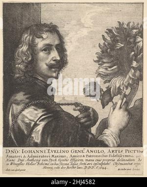 Sir Anthony Van Dyck mit einer Sonnenblume 1644 Wenceslaus Hollar Böhmisches Porträt von Sir Anthony van Dyck, Kopf und Schultern im Profil nach rechts, mit nach vorne gedrehten Kopf; linke Hand, die Kette über seine rechte Schulter hält, rechte Hand zeigt auf große Sonnenblume rechts; Nach Van Dycks Selbstporträt c. 1633, die beste Version davon ist in der Sammlung des Duke of Westminster.. Sir Anthony Van Dyck mit einer Sonnenblume 360837 Stockfoto