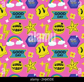 Cooles, trendiges abstraktes Nahtloses Muster mit Aufklebern, Pins, Aufnäher und Abzeichen. Lustige Comic Emoji Shapes.vintage hippy Stil Element. vektor Stock Vektor