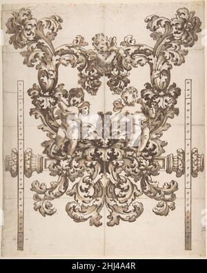 Rückansicht eines aufwendigen Designs für eine geschnitzte Holzkarre mit Acanthus-Blättern und Putti Anonymous, italienisch, Ende 17th bis Anfang 18th Jahrhundert italienisch. Rückansicht eines aufwendigen Designs für einen geschnitzten Holzwagen mit Acanthus-Blättern und Putti 346401 Stockfoto