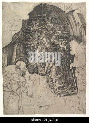 Die Anbetung der Könige Ca. 1475–80 Schule von Andrea Mantegna Italienisch dieser Stich, der nur in diesem unvollständigen Zustand bekannt ist, ist einer der frühesten unfertigen Drucke, die überlebt haben. Es reproduziert im gleichen Maßstab den rechten Teil eines wichtigen Gemäldes des des Künstlers, und sein seltsames Zuschneiden deutet darauf hin, dass ursprünglich eine vollere Komposition beabsichtigt gewesen sein könnte. Wir wissen nicht, warum Eindrücke gezogen wurden, obwohl der Druck unvollständig war, aber vielleicht machte Mantegnas Ruhm sie für Sammler attraktiv. Die Gravur basiert auf der zentralen Tafel von Mantegnas Triptychon in den Uffizien, wh Stockfoto