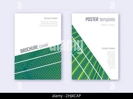 Design-Vorlagensatz für geometrische Abdeckungen. Grüne abstrakte Linien auf dunklem Hintergrund. Atemberaubendes Cover-Design. Großer Katalog, Poster, Buchvorlage usw. Stock Vektor