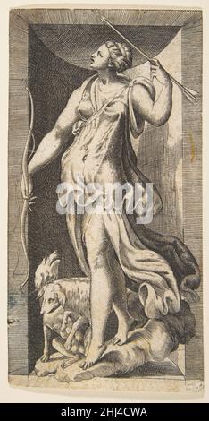 Diana die Jägerin begleitet von ihren Hunden in einer Nische stehen 16th Jahrhundert Giulio Bonasone Italienisch. Diana, die Jägerin, begleitet von ihren Hunden, die in einer Nische stehen 392829 Stockfoto