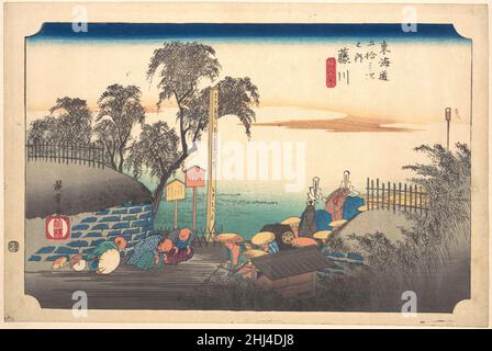 Station achtunddreißig: Fujikawa, Szene an der Grenze, von den 53 Stationen des Tokaido Ca. 1833–34 Utagawa Hiroshige japanische Beamte aus Fujikawa verbeugen sich und begrüßen eine Prozession, die die Tokugawa-Regierung vertritt. Sie reisten jährlich von Edo nach Kyoto, um dem Kaiser am ersten Tag des achten Monats ein Pferdegeschenk zu überreichen. Hiroshige schloss sich der Prozession 1832 nach Kyoto an. Station achtunddreißig: Fujikawa, Szene an der Grenze, von den 53 Stationen des Tokaido 56906 Stockfoto