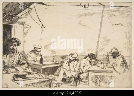 Soupe à trois sous 1859 James McNeill Whistler American der Titel dieses Drucks bedeutet Suppe für drei Groschen und deutet darauf hin, dass die gezeigten Männer in einem billigen Café oder einer billigen Bar sitzen (Notizen von Whistler deuten darauf hin, dass es sich um das Café des Pieds-Humides handelt) In Paris). Kurz nach dieser Radierung zog Whistler nach London, nahm Unterkünfte südlich der Tower Bridge ein und nahm dann eine ähnliche Szene in einer Radierung mit dem Titel „Longshore Men“ auf. Schwarze Flaschen auf den Tischen hier, in der Nähe von Männern, die schlaffen oder schlafen, erinnern an die süchtig machenden Eigenschaften von Alkohol und die Signatur, die oben in der Mitte auf eine Hafer geätzt wurde Stockfoto