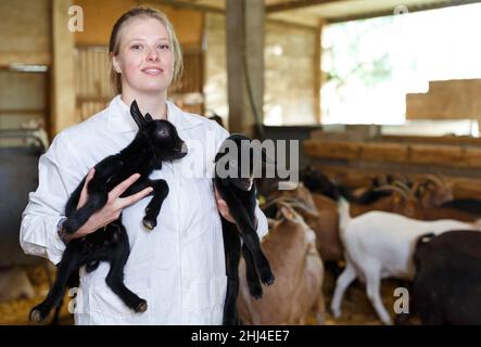 Bäuerin, die sich um Ziegenlinge kümmert Stockfoto