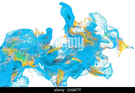 Abstrakte Kunst mit surreal wachsender Explosion wellige Rauchwolke Spritzer Flüssigkeit. Kleine farbige Schaumbälle blasen Partikel in Bewegung. 3D Rendering des Bildes. Stockfoto