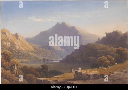 Snowdon aus Llyn Nantlle, North Wales 1832 George Fenchel Robson British Jeden Sommer erforschte Robson die wilderen Ecken Großbritanniens und skizzierte Themen, die er zu fertigen Aquarellen für Londoner Ausstellungen entwickeln konnte. Er hat diese Zeichnung ein Jahr vor seinem Tod abgeschlossen. Seine aufgeräumte Komposition ist vom Mount Snowdon, dem höchsten Gipfel in Wales, verankert und spiegelt den Einfluss von Robsons Lehrer, dem Künstler John Varley (1778-1842), wider. Schön angewandte Waschungen wurden mit einigen aufschlussreich ausgetragenen Details belebt. Die Töne gehen von einem warmen, sonnendurchfluteten Vordergrund, der von zwei Hirten bewohnt wird, zu dap über Stockfoto