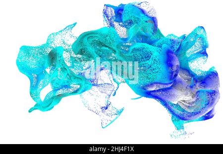 Abstrakte Kunst mit surreal wachsender Explosion wellige Rauchwolke Spritzer Flüssigkeit. Kleine farbige Schaumbälle blasen Partikel in Bewegung. 3D Rendering des Bildes. Stockfoto