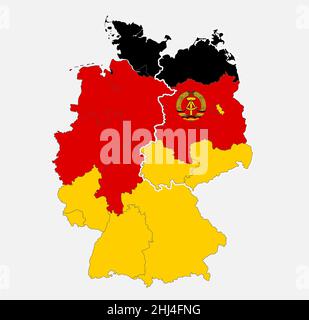 Karte der deutschen Bundeslandkarte aufgeteilt auf West- und Ostdeutschland mit Regionen in den Farben der Flagge mit Verwaltungsaufteilungen, leer Stockfoto