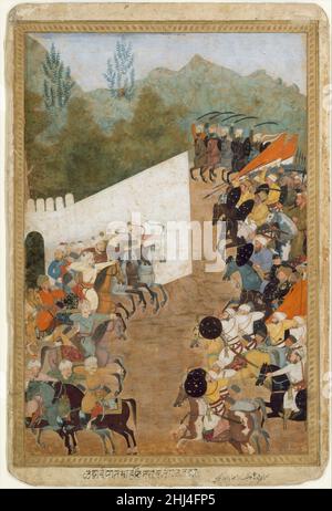 „die Schlacht von Shahbarghan“, Folio aus einem Padshahnama (Chronik des Imperators) 17th. Jahrhundert Dieses Gemälde veranschaulicht die Geschichte der Herrschaft von Shah Jahan und zeigt die Armee des Imperators während einer erfolgreichen Strafexpedition nach Transoxiana. Der Astrakhanid-Herrscher Nasr Muhammad war der Moghul-Armee entkommen und hatte den größten Teil seines Schatzes mit sich. Die Mughal Kommandeure Asalat Khan und Rustam Khan fingen ihn in Shahbarghan ab und besiegten ihn im Juli 1646. Shah Jahan befahl acht Tage lang Feierlichkeiten, um den Sieg zu feiern. 'Die Schlacht von Shahbarghan', Folio aus einem Padshahnama (Chronik von Stockfoto