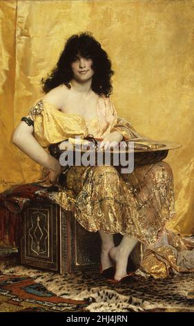 Salome 1870 Henri Regnault der Franzose Regnault stellte dieses italienische Modell zunächst als Afrikanerin dar, vergrößerte aber später seine Leinwand unten und rechts und verwandelte sie in eine Darstellung der biblischen Verführerin Salome. Die Haare sind zerzaust, die Kleider sind in Unordnung, sie hat gerade für ihren Stiefvater Herodes, den Gouverneur von Judäa, getanzt. Die Platte und das Messer verweisen auf ihre Belohnung: Den abgetrennten Kopf von Johannes dem Täufer. Nur wenige Monate nach dem sensationellen Debüt dieses Bildes auf dem Salon von 1870 wurde der junge Regnault im französisch-preußischen Krieg getötet. Sein posthume Ruhm war so, dass ein Aufschrei entstand whe Stockfoto