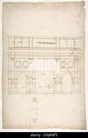 Konstantinsbogen, Hebung, Teilplan (recto) Konstantinsbogen, Profile von Basis, Schacht und Entablatur (verso) ca. 1540–60 gezeichnet von Anonymous, Französisch, Französisch des 16th. Jahrhunderts. Konstantinsbogen, Hebung, Teilplan (recto) Konstantinsbogen, Profile von Basis, Schacht und Entablatur (verso) 362578 Stockfoto