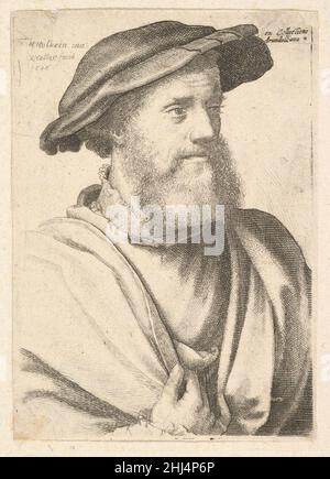 Ein bärtiger Mann nach Hans Holbein (?) 1646 Wenceslaus Hollar Böhmisches Porträt eines Mannes mittleren Alters mit Schnurrbart und gelocktem Bart, fast halblang, gerichtet und nach rechts gerichtet; mit Mütze mit aufgeschraubtem Rand, Hemd mit aufgeschraubtem Stehkragen, lockerer Robe und Ring am kleinen Finger an der rechten Hand, der seine Brust berührt; Möglicherweise nach Holbein. Ein bärtiger Mann nach Hans Holbein (?) 361642 Stockfoto