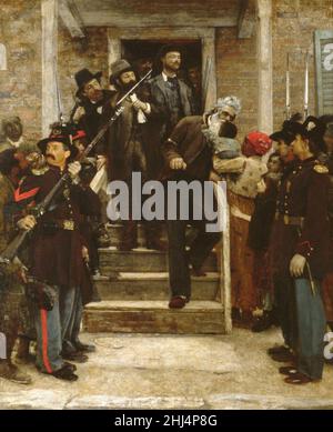 The Last Moments of John Brown 1882–84 Thomas Hovenden American, geboren 1859 in Irland John Brown, der umstrittene Abolitionist, führte einen Überfall auf eine Bundesrüstung in Harpers Ferry, Virginia (heute West Virginia), an, um versklavte Afroamerikaner zu bewaffnen. Brown war zu der Überzeugung gekommen, dass die einzige Möglichkeit, die Sklaverei in Amerika zu beenden, durch Blutvergießen bestand. Brown wurde wegen Verrats gegen den Commonwealth of Virginia festgenommen und verurteilt und zum Tod durch Erhängen verurteilt. Sein überstürzter Prozess elektrisierte die Nation, und ein sensationeller Zeitungsartikel berichtete, wie er auf dem Weg zum Gerüst pausierte, um ein Baby zu küssen. Stockfoto