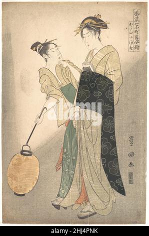 Kayoi Komachi, aus der Serie 'Sieben Episoden des Dichters Komachi' ca. 1795 Utagawa Toyokuni I Japanisch dieser Druck ist einer der exquisitesten Ukiyo-e-Drucke mit Frauen. Das in der oberen rechten Ecke eingeschriebene Thema von „Kayoi Komachi“ stammt aus einem tragischen Noh-Stück. Der Dichter Ono no Komachi verspricht, ihrem glühenden Freier Fukakusa Shōjō zu begegnen, wenn er sich bereit erklärt, hundert Nächte auf dem Steppenhocker eines Ochsenkarren zu verbringen. Nach neunundneunzig Nächten stirbt er. Dieser Druck ist eine Parodie auf die populäre Geschichte. Eine Kurtisane ist auf dem Heimweg vom Besuch ihres Lieblingskunden und weiß, dass ihr Mee Stockfoto