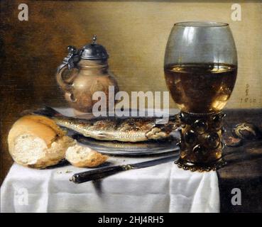 Krug aus Steinzeug, Weinglas, Hering und Brot. Claesz. Stockfoto