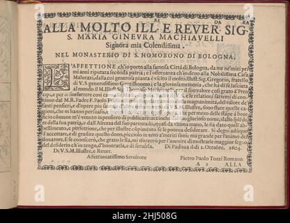 Ghirlanda: Di sei vaghi fiori scielti da piu famosi Giardini d'Italia, Seite 2 (recto) 1. Oktober 1604 Pietro Paulo Tozzi Italienisch gestaltet von Pietro Paulo Tozzi, herausgegeben von Libraria del Giesu, Padua. Kalligrafie von Antonello Bertozzi und Sebastian Zanella, Schriftgelehrte aus Padua.Widmungsseite in Schwarz mit dekorativer Holzschnitt-Initiale 'L'.. Ghirlanda: Di sei vaghi fiori scielti da piu famosi Giardini d'Italia, Seite 2 (recto) 358089 Stockfoto