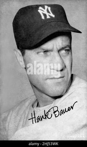 Eine schwarz-weiße Ausstellungskarte mit Hank Bauer von den New York Yankees. Stockfoto