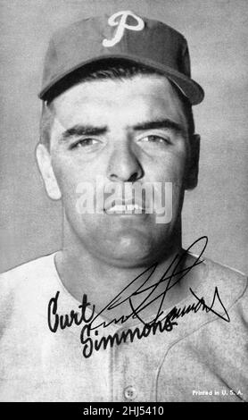 Eine schwarz-weiße Ausstellungskarte mit Pitcher Curt Simmons der Philadelphia Phillies. Stockfoto