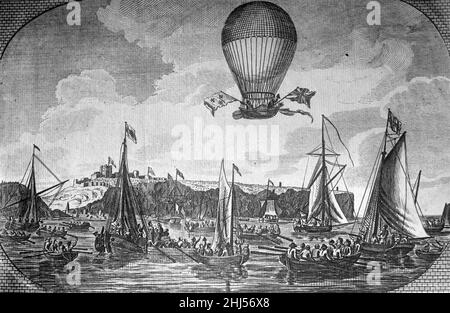 Jean-Pierre Blanchard und Dr. John Jeffries bei der ersten Heißluftballonüberquerung des Kanals im Jahr 1785. Stockfoto