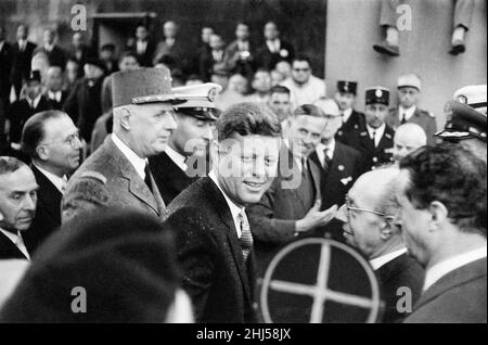 Besuch des amerikanischen Präsidenten John F. Kennedy und seiner Frau Jackie in Paris, Frankreich, der Präsident der Vereinigten Staaten mit Präsident Charles De Gaulle. 31st Mai 1961. Stockfoto