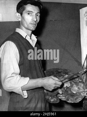 Norman Cornish, der Bergarbeiterkünstler aus Spennymoor, der noch im Untergrund im Dean und Chapter Colliery arbeitet, wird noch in diesem Monat eine Ausstellung seiner Gemälde und Zeichnungen in Newcastle haben. Ca. 1959. Stockfoto