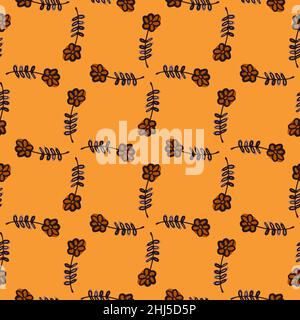 Abstraktes, helles, nahtloses Muster mit konturiertem Blumenschmuck. Orangefarbener Hintergrund. Abbildung des Bestandes. Vektor-Design für Textil, Stoff, Geschenkdrap, Stock Vektor