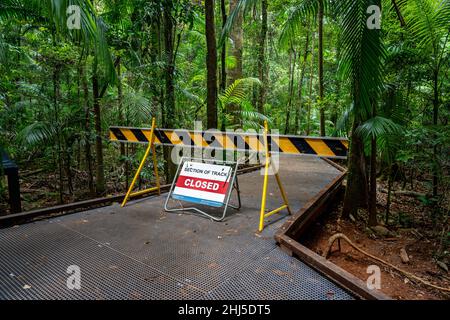 Straße geschlossen Schild blockiert die Straße zu einem Wanderweg in einem Wald Stockfoto