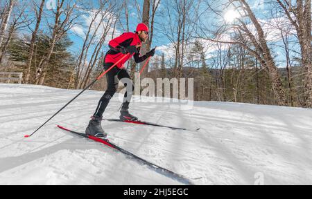 Cross Country Skate Skiing Style - man on Nordic Ski in Forest im Winter macht Spaß Ausdauer Wintersport im Schnee auf Langlauf in Stockfoto