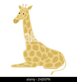 Giraffe sitzt isoliert auf weißem Hintergrund. Niedlicher Charakter von Safari in Musterspots. Doodle-Vektor-Illustration. Stock Vektor