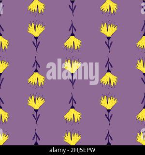 Kontrast Natur nahtlose Muster mit gelben hellen Blumen Elemente. Violetter Hintergrund. Abbildung des Bestandes. Vektor-Design für Textil, Stoff, giftwra Stock Vektor