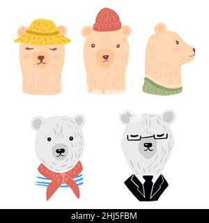Stellen Sie den Kopf Polar und Braunbären auf weißem Hintergrund. Fröhlicher Charakter Frau in Hut und Halskette, Mann mit Mütze, Kabinenjunge und Geschäftsmann. Doodle V Stock Vektor