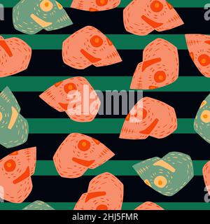 Zufällige nahtlose Muster mit Horror rosa Totenkopf Formen. Gestreifter grüner und schwarzer Hintergrund. Abbildung des Bestandes. Vektor-Design für Textil, Stoff, Geschenk Stock Vektor