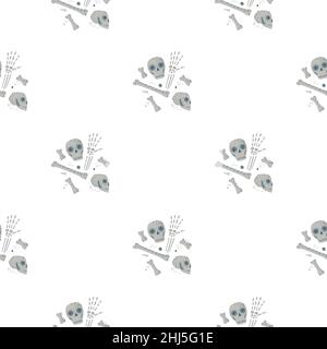 Isolierte Tod Cartoon nahtlose Muster mit grauen einfachen Schädel und Knochen Silhouetten. Weißer Hintergrund. Abbildung des Bestandes. Vektor-Design für Textil, Stock Vektor