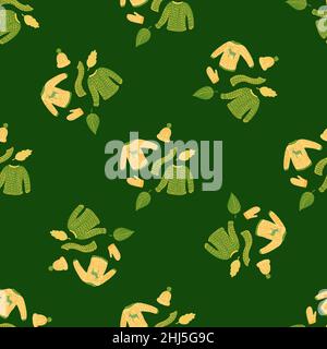 Kreatives Nahtloses Muster mit einfachen Wippen-Silhouetten für Winterkleidung. Pullover, Hüte, Tücher, Fäustlinge im Hintergrund. Abbildung des Bestandes. Vektordesign f Stock Vektor