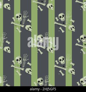 Seamless Pirate Doodle-Muster mit handgezeichneten Schädel und Knochen Ornament. Grün und grau gestreifter Hintergrund. Abbildung des Bestandes. Vektordesign für Text Stock Vektor
