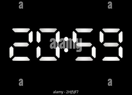 Echte weiße LED-Digitaluhr auf einem schwarzen Hintergrund zeigt die Zeit 20:59 Stockfoto