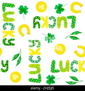 Aquarell nahtlos handgezeichnetes Muster St. Patrick's Day Hintergrund, grüner irischer Kleeblatt, smaragdgrüne irland Herzen, gelbe Kunst. Luck Lucky Schriftzug Design für textile Party Dekoration, Regenbogendruck Stockfoto