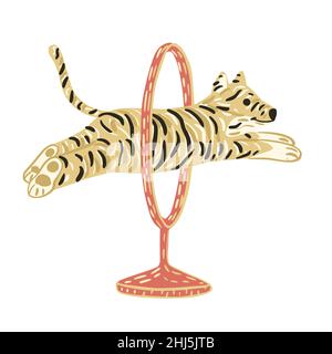 Tiger springen durch Zirkusring isoliert auf weißem Hintergrund. Niedlicher Charakter aus Safari im Streifen. Doodle-Vektor-Illustration. Stock Vektor