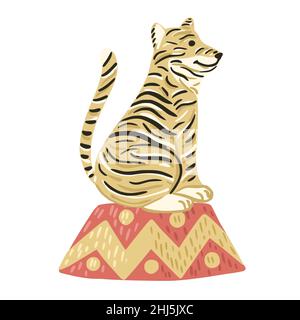 Tiger sitzt auf Zirkus-Trapez isoliert auf weißem Hintergrund. Niedlicher Charakter aus Safari im Streifen. Doodle-Vektor-Illustration. Stock Vektor