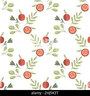 Isolierte nahtlose Patern mit grünen Blattzweigen und rotem Apfeldruck. Weißer Hintergrund. Grafikdesign für Geschenkpapier und Stofftextur. Vecto Stock Vektor
