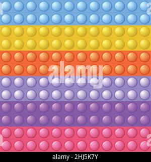 Nahtloses Muster mit trendigen Spiel Pop it, einfache Grübchen. Regenbogen-Fidget-Spielzeug. Farbenfroher Anti-Stress-Hintergrund. Doodle-Stil. Blasen knallen quadratisch Stock Vektor