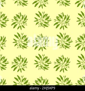 Natur nahtloses Doodle-Muster mit leuchtend grünen Blattsilhouetten. Hellgelber Hintergrund. Abbildung des Bestandes. Vektor-Design für Textil, Fab Stock Vektor