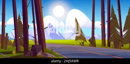 Landschaft mit Straße und Gebirge. Reisen Sie im Sommer oder machen Sie eine Reise durch die ländliche oder ländliche Natur. Sstraight Highway in Nadelwald, Abenteuer und Fernweh Cartoon-Vektor-Illustration Stock Vektor