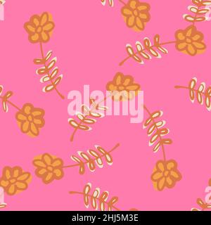 Doodle einfache Blume konturierte Natur nahtlose Muster. Orangefarbener Blumendruck auf rosa Hintergrund. Abbildung des Bestandes. Vektor-Design für Textil, Stoff, Stock Vektor