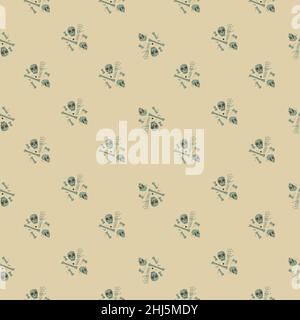 Cartoon gruselig nahtlose Muster mit einfachen Schädel und Knochen kleine Elemente. Blassbeiger Hintergrund. Abbildung des Bestandes. Vektor-Design für Textil, Fab Stock Vektor